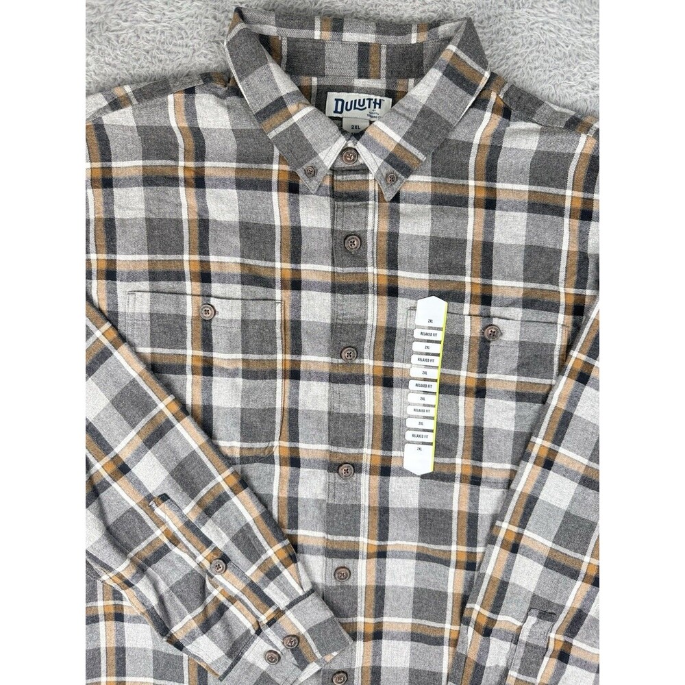Duluth Trading Flannel Shirt Mens 2XL Gray Plaid Relaxed Fit Pocket Button NWOT